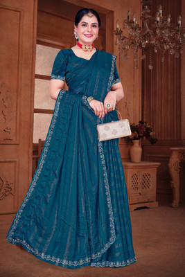 sarees Striped, Embroidered Bollywood Georgette Saree(Dark Blue)