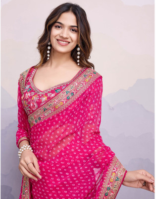 HK TEX Self Design Bandhani Georgette Saree(Pink)
