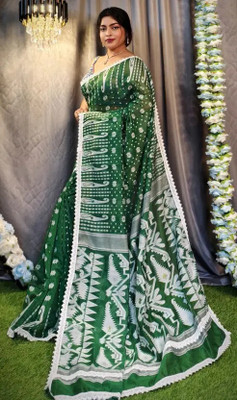 OSARIO Woven Jamdani Cotton Silk Saree(Dark Green)