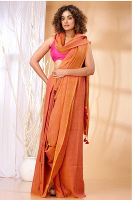 Lakshmi Boutique Solid/Plain Handloom Handloom Cotton Blend Saree(Orange)
