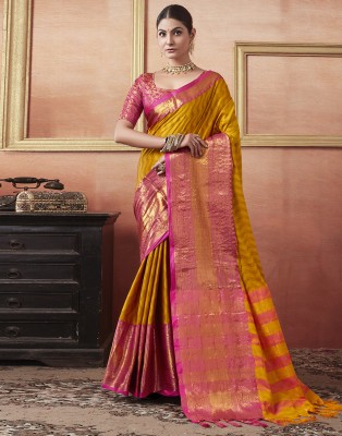 Samah Woven, Embellished, Self Design Kanjivaram Jacquard, Cotton Silk Saree(Yellow, Pink)