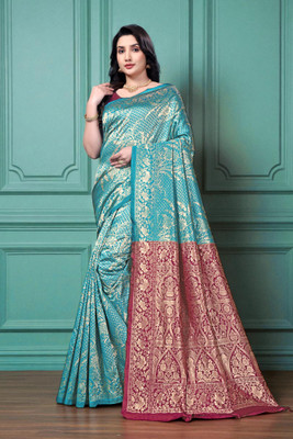 JAY KHODIYAR EMBROIDERY Woven, Floral Print, Geometric Print Bollywood Jacquard Saree(Light Blue)