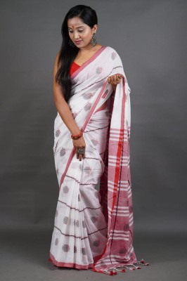 Rnn Self Design Handloom Pure Cotton Saree(Red, White)