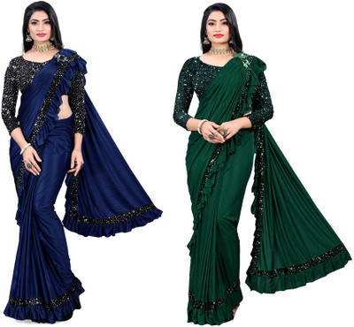 HARIOM FASHION Woven, Embellished, Solid/Plain Bollywood Lycra Blend Saree(Pack of 2, Multicolor)