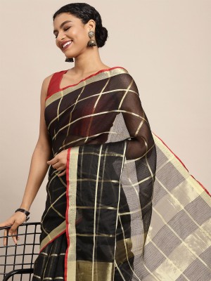 Leeza Store Checkered Kota Doria Cotton Blend Saree(Black)