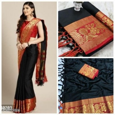 Harekrishna creation Woven Banarasi Jacquard, Cotton Silk Saree(Gold, Black)