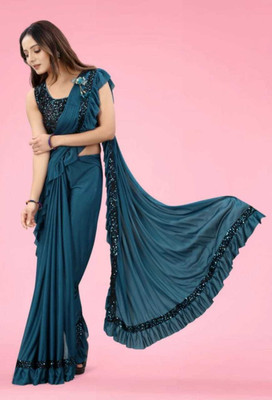 SUHAAN CREATION Self Design Bollywood Lycra Blend Saree(Blue)
