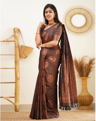 Aachari Embellished, Self Design, Floral Print, Woven, Applique Kanjivaram Jacquard, Pure Silk Saree(Brown)