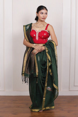 Fad Collection Solid/Plain, Printed Daily Wear Linen Saree(Green)