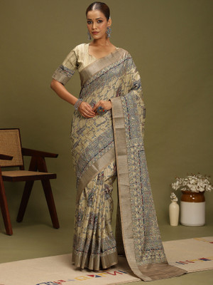 Tasrika Digital Print Hand Batik Satin, Silk Blend Saree(Beige)