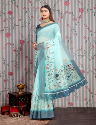 ASHTA Printed Kanjivaram Pure Cotton, Chanderi Saree(Light Blue)