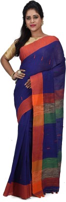 Desh Bidesh Striped, Self Design, Solid/Plain, Woven Handloom Handloom Cotton Blend, Pure Cotton Saree(Blue)