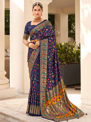 Sareemall Printed Daily Wear Silk Blend Saree(Dark Blue)