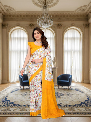 SmittenSmit Printed Bollywood Georgette Saree(White, Yellow)