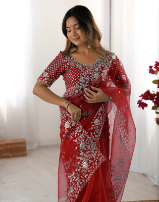 Satrani Embroidered, Embellished Bollywood Organza Saree(Red)