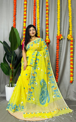 Pasum's Self Design, Embroidered, Woven, Floral Print Jamdani Cotton Silk Saree(Yellow)