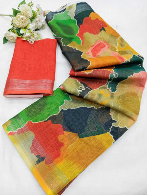 ASHTA Floral Print Kanjivaram Linen Saree(Multicolor)