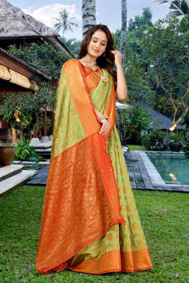 Aksh Fashion Printed Banarasi Silk Blend, Jacquard Saree(Light Green, Orange)