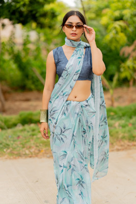 MIRCHI FASHION Floral Print Daily Wear Chiffon, Georgette Saree(Grey, Light Blue)