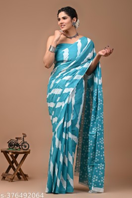 SITA MAHALAKSHMI FASHION Printed Leheria Cotton Blend Saree(Light Blue)