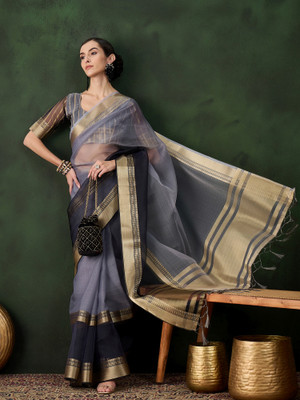 Sangria Woven Saree with Attached Blouse Organza Saree(Grey)