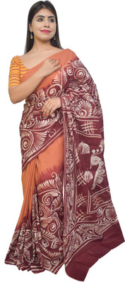 KheyaliBoutique Hand Painted Hand Batik Pure Cotton Saree(Brown)