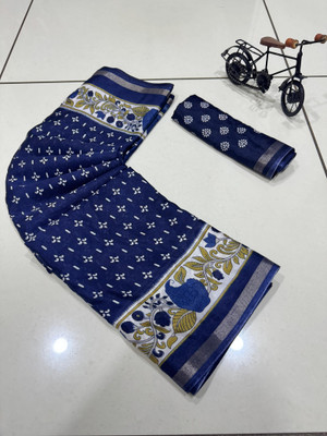 SFCS Printed Kalamkari Mulmul Saree(Dark Blue)
