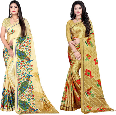 Leelavati Printed Daily Wear Crepe Saree(Pack of 2, Gold, Multicolor)