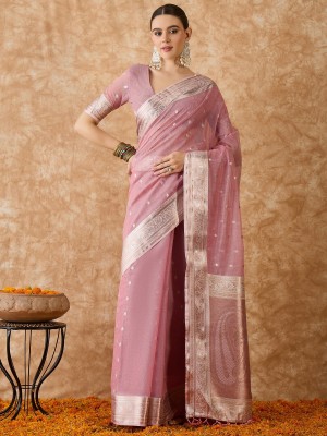 Vichitra Printed Banarasi Linen Saree(Pink)