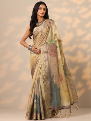 LIBAS Printed Daily Wear Silk Blend Saree(Brown)