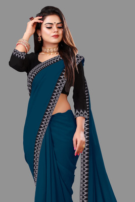 Jevlan Solid/Plain Bollywood Georgette Saree(Dark Blue)