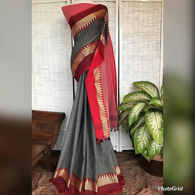 BiswasTextiles Self Design Handloom Cotton Blend Saree(Grey)