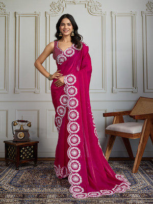 House of Pataudi Embroidered Saree with Attached Blouse Satin Saree(Pink)