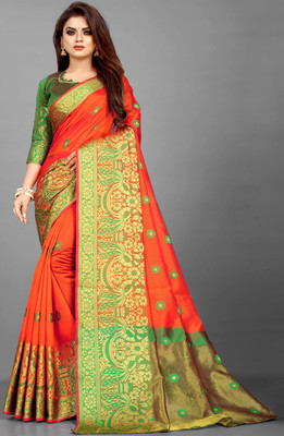 Glamour Hub Woven Bollywood Cotton Silk, Jacquard Saree(Orange)