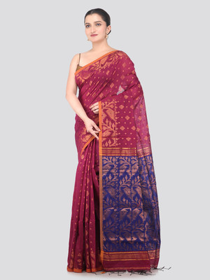 PinkLoom Woven Handloom Cotton Blend Saree(Magenta)