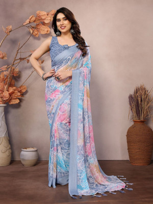ROOP SUNDARI SAREES Floral Print Bollywood Georgette Saree(Blue)