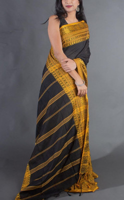 SAYAN CREATION Self Design Handloom Pure Cotton Saree(Black, Yellow)