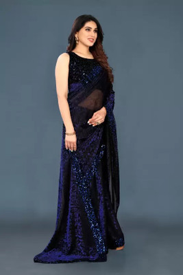 KISHVA Printed Bollywood Lycra Blend Saree(Blue)