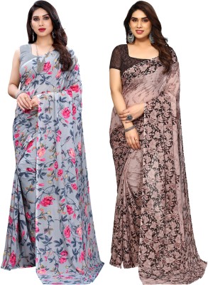 SIRIL Floral Print, Geometric Print, Printed Bollywood Georgette Saree(Pack of 2, Grey, Brown)