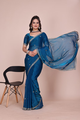 saanvi Solid/Plain, Self Design, Embroidered Bollywood Jimmy choo, Chiffon Saree(Blue)