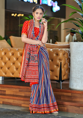 Divastri Striped, Printed Chanderi Cotton Blend Saree(Blue, Red)