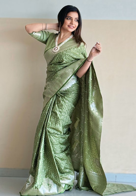 SUDIPTA Woven, Self Design Banarasi Satin, Silk Blend Saree(Light Green)