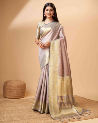 PHEASANT Woven, Embellished Banarasi Pure Silk Saree(Grey)