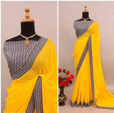 Sanvi Creations Solid/Plain Saree with Attached Blouse Georgette Saree(Yellow)