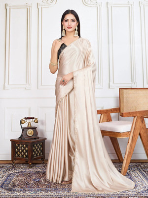 AVANSHEE Self Design, Solid/Plain, Embellished Bollywood Satin Saree(Cream)