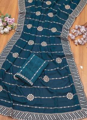 rudrx fashion Embroidered Bollywood Georgette Saree(Pack of 2, Dark Blue)