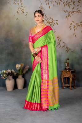 Fashion Club Collection Woven Maheshwari Cotton Silk Saree(Light Green)