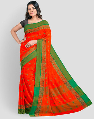 HouseOfCommon Self Design Tant Pure Cotton Saree(Orange)
