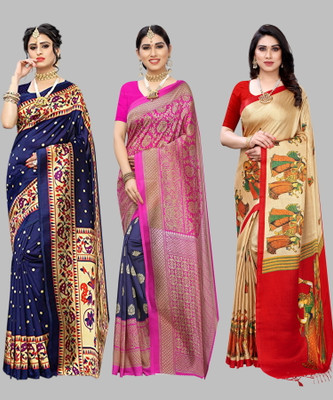 Nirvaan Printed, Paisley, Floral Print Bollywood Art Silk Saree(Pack of 3, Dark Blue)