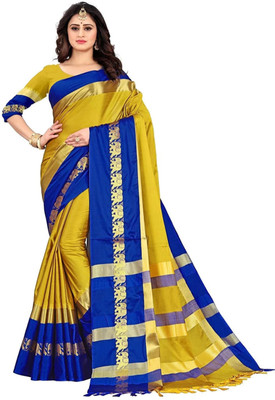 Vishal Creations Woven, Animal Print Dharmavaram Cotton Silk Saree(Mustard)